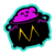 Mind Cauldron Logo - a friendly pink blob sitting inside a black cauldron with the letter M emblazoned across the front of the cauldron in bright yellow, spidery lettering., surrounded in a bright cyan outline.